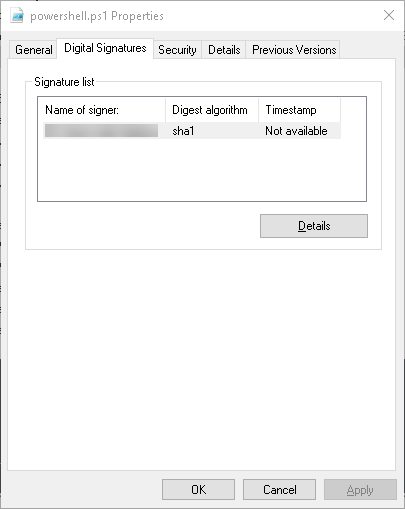 File properties for PowerShell Script (signed)